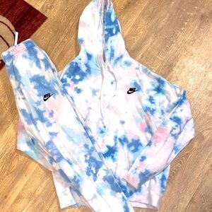Nike Blue and Pink Tie-Dye Hoodie and Sweatpants matching jogger set